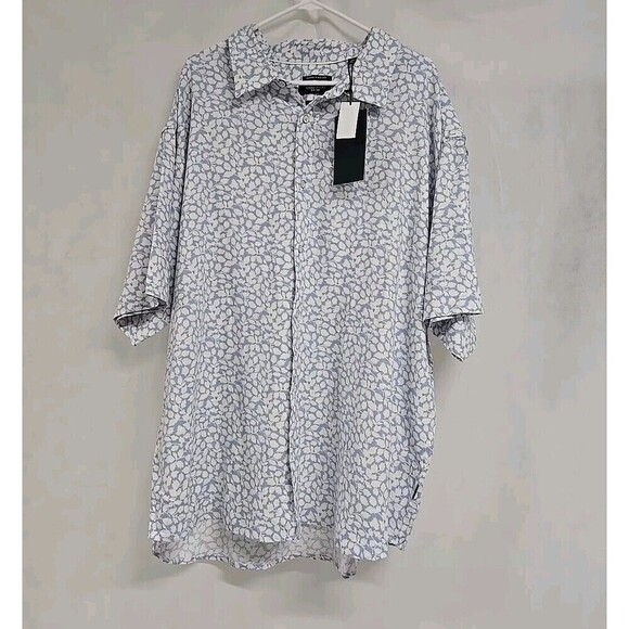 Kenneth Cole Button Down Short Sleeve Shirt Linen Blend Printed Blue White Sz 4X - Picture 2 of 9